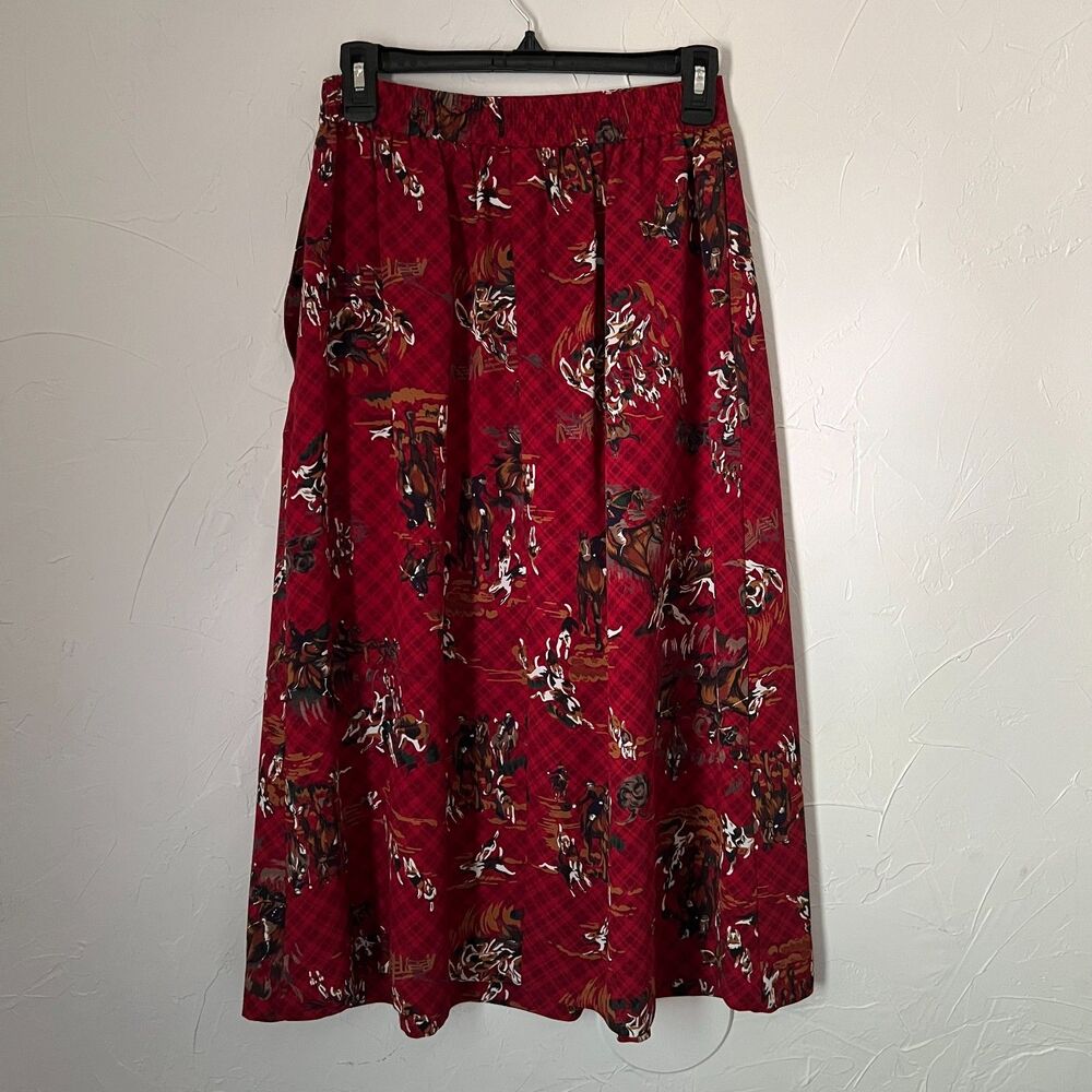 Vintage Leslie Fay Red Equestrian Horse Print Midi Skirt Derby Prairie Size 8P - Picture 12 of 12